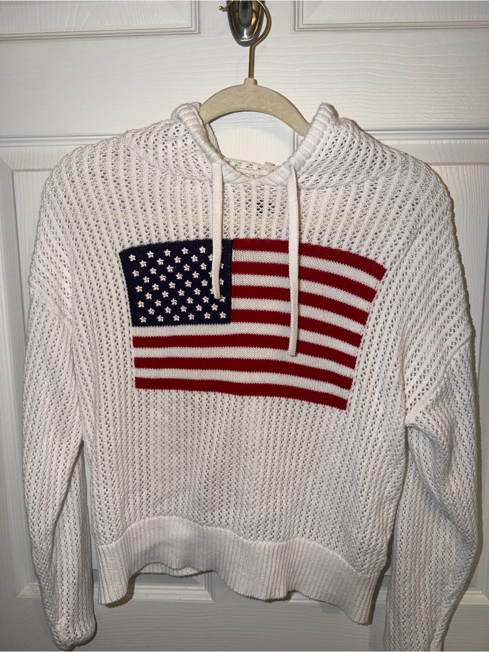 Women’s White Knit Hoodie Sweater with American Flag